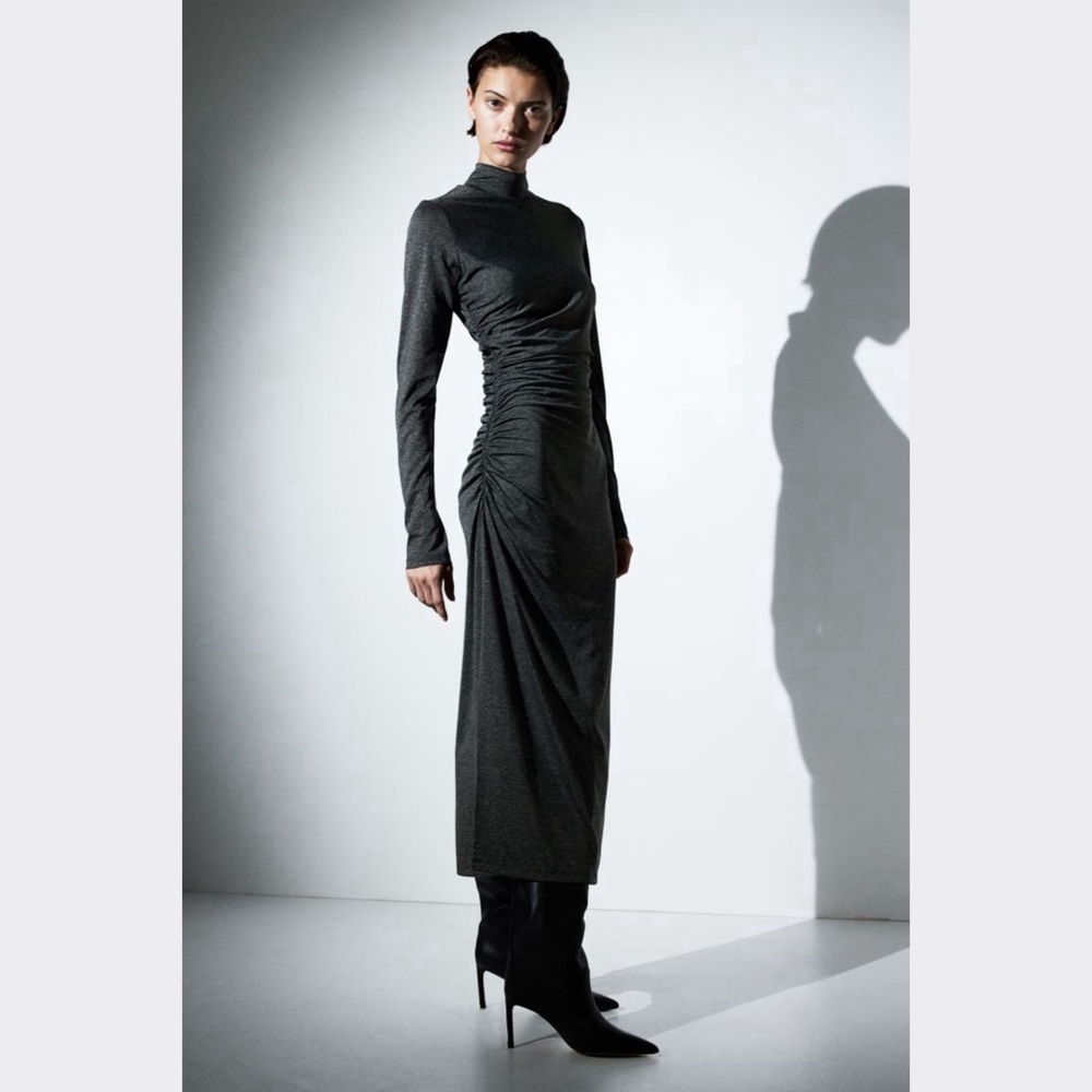 H & M Gathered Jersey Dress in Grey Melange (NWT)